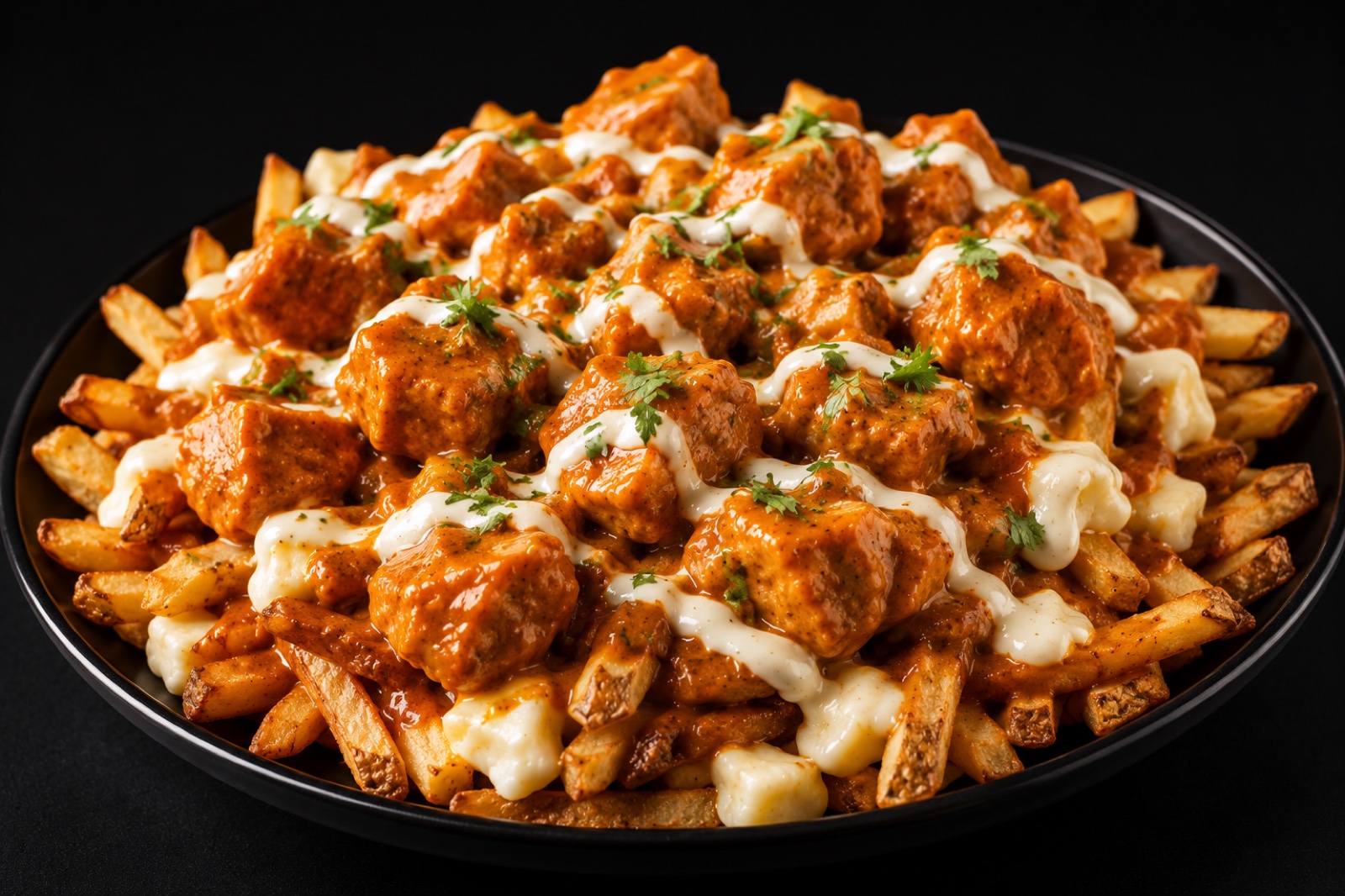 Glossy orange butter chicken sauce with tandoori chicken cubes over hand-cut fries and white cheese curds in a black bowl.