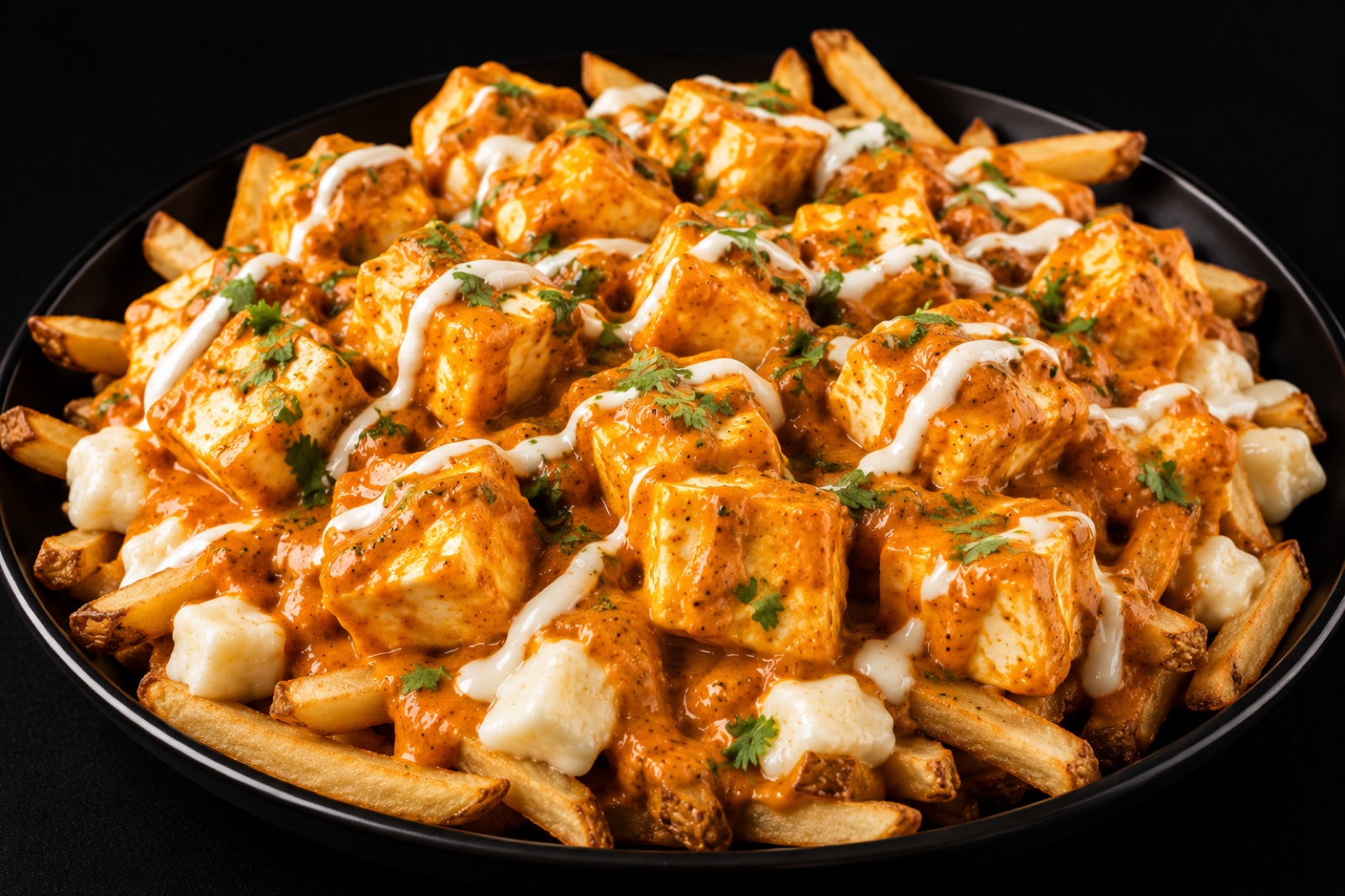 Creamy butter masala sauce with white paneer cubes over hand-cut fries and cheese curds in a black bowl.